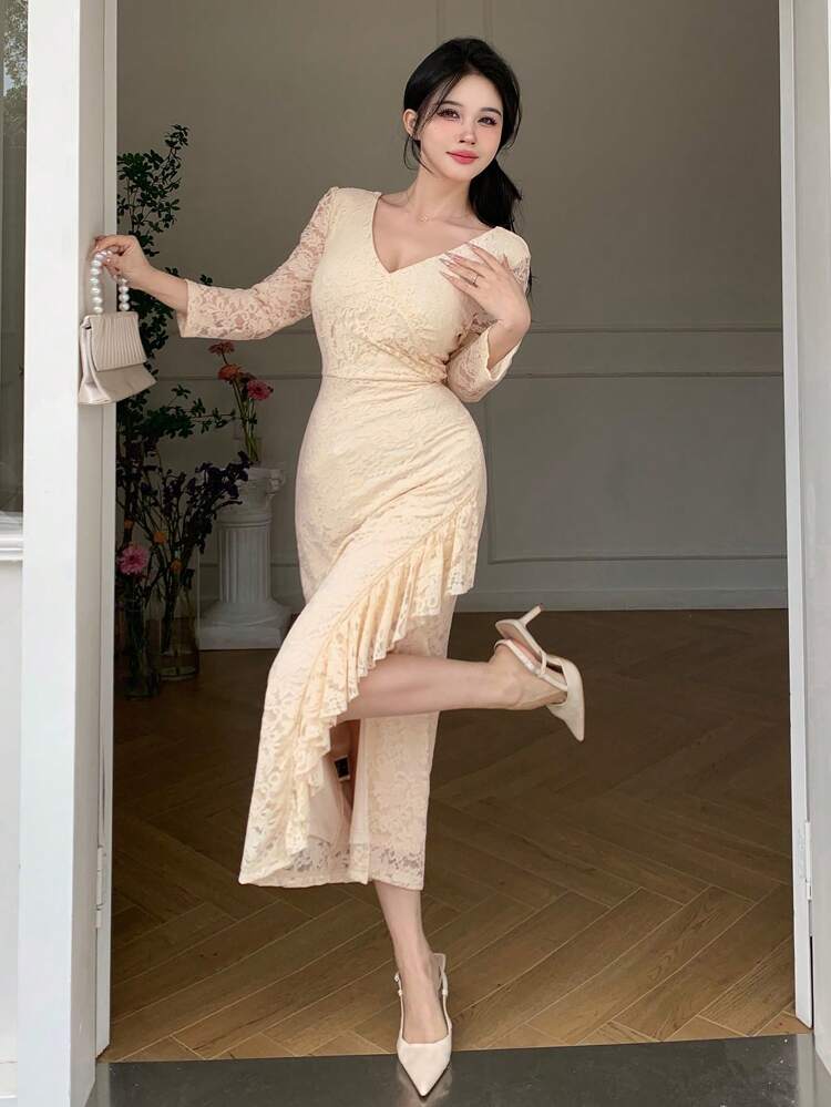 Spring V-Neck Puff Sleeve Lace Split Ruffle Hem Mid-Length Dress For Women,Dress For Wedding