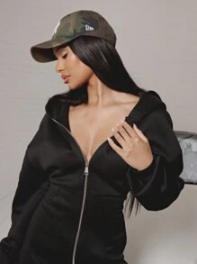 SUMWON WOMEN Corset Style Hooded Mini Dress Sports Luxe Athleisure Zip Front Party Club Wear Streetwear Long Sleeve Winter Fashion Casual Bodycon