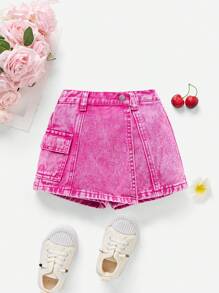 SHEIN Young Girls Y2K Multiple Pocket Washed Casual Fashion Denim Skort,Kid Girls Spring And Summer Casual Vacation Country Boho Wear, Beach Outfits For Kid Girls,Western Street Wear For Girls
