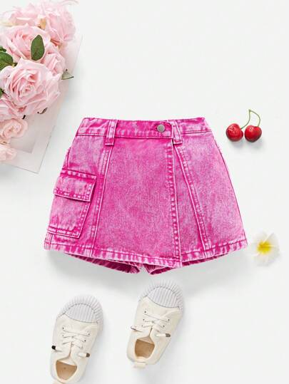 SHEIN Young Girl Y2K Multiple Pocket Washed Casual Fashion Denim Skort,Kid Young Girl Spring And Summer Casual Vacation Country Boho Wear, Beach For Kid Young Girl,Western Street Wear For Young Girl