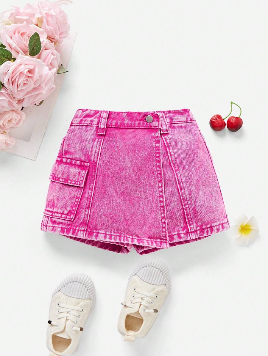 SHEIN Young Girls Y2K Multiple Pocket Washed Casual Fashion Denim Skort,Kid Girls Spring And Summer Casual Vacation Country Boho Wear, Beach Outfits For Kid Girls,Western Street Wear For Girls