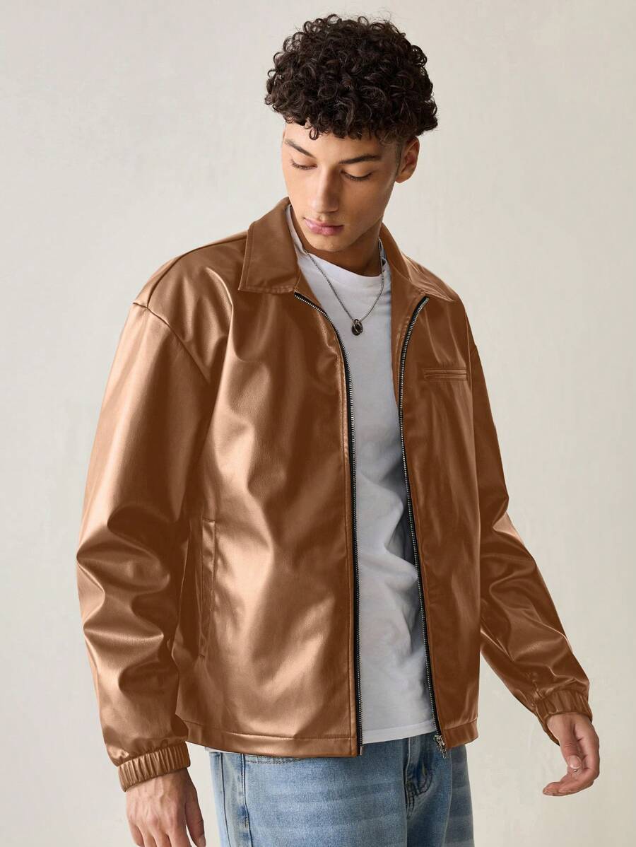 SWAVVY Áo khoác da PU ôm dáng, thời trang trẻ trung, tay dài, dành cho nam, mùa thu đông - màu nâu - Xem 1