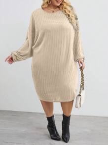 SHEIN CURVE+ 大码蝙蝠袖罗纹针织连衣裙，情人节衬衫，情人节，玫瑰，心形，波尔卡圆点，爱心，嘴唇，丘比特，3D 花朵 - 杏色 - 查看 7