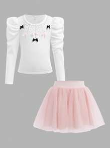 SHEIN 2pcs Kids Girls Cute Rhinestone Bow Top + Layered Tulle Skirt Set - Pink - View 5