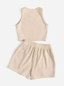SHEIN EZwear 2 件套女士休闲复古豹纹“纽约”字母图案修身背心和抽绳短裤套装 - 卡其色 - 查看 2