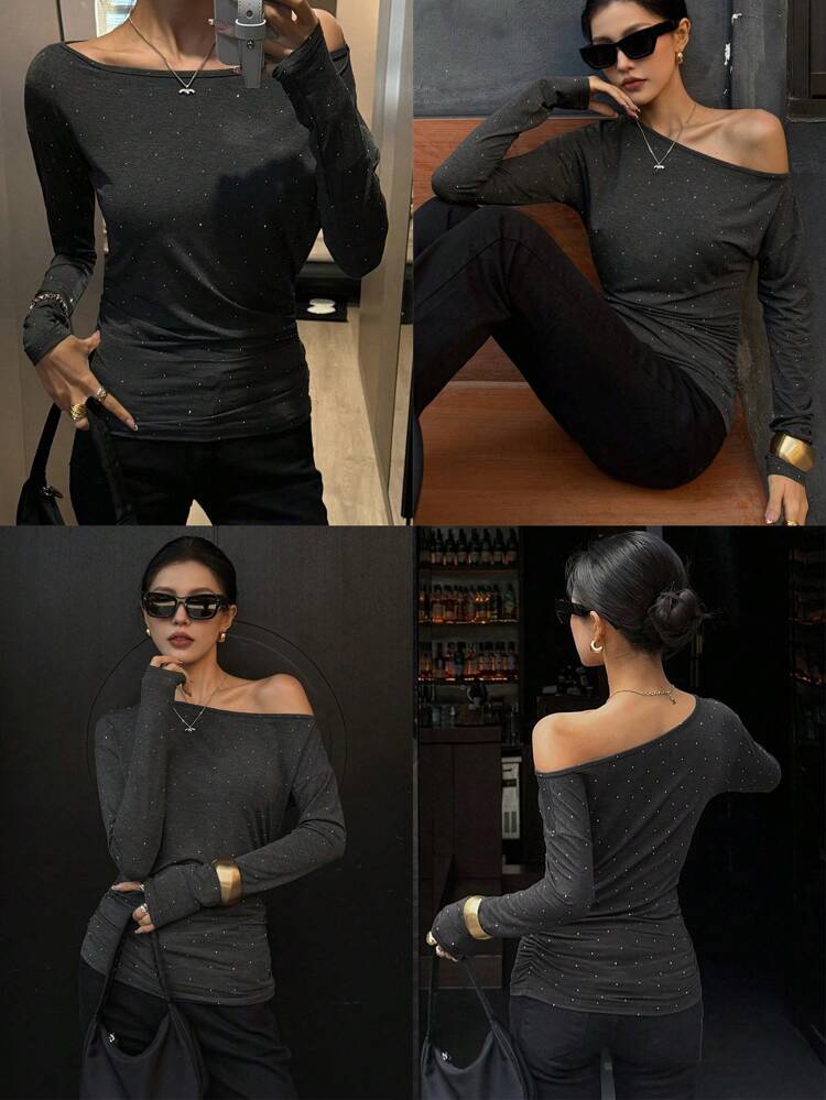 Women's Elegant Shoulder Embellished Sequins Long Sleeve T-Shirt,Fall Women Clothes