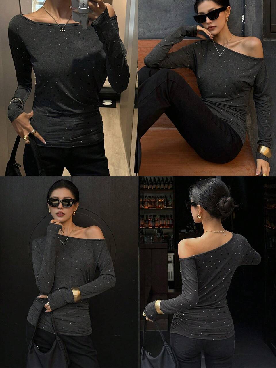 Women's Elegant Shoulder Embellished Sequins Long Sleeve T-Shirt,Fall Women Clothes