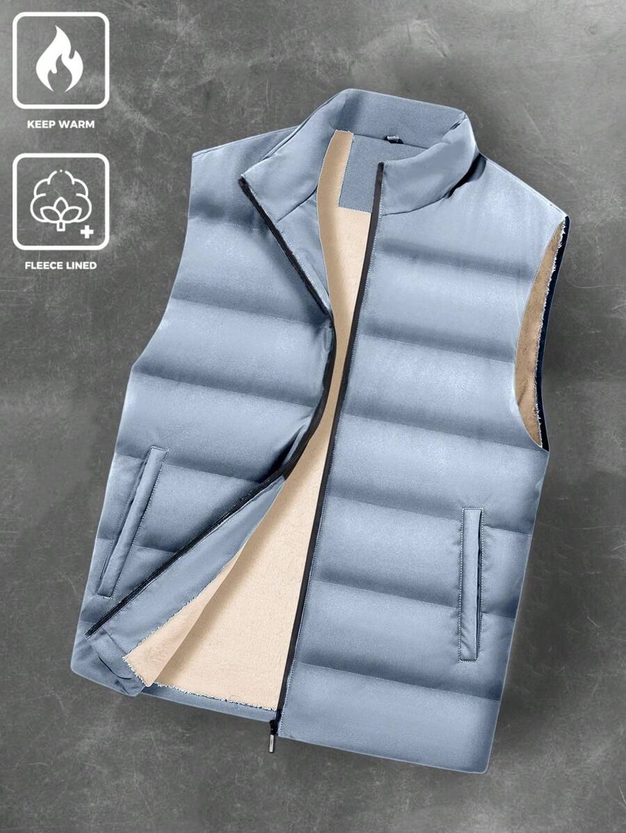 Manfinity Homme 1pc Men's Thermal Lined Zipper Vest Coat In Loose Fit - Light Grey - View 1