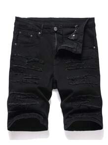Manfinity EZcore Men's Front Button Pocket Distressed Casual Denim Skinny Shorts - Black - View 1