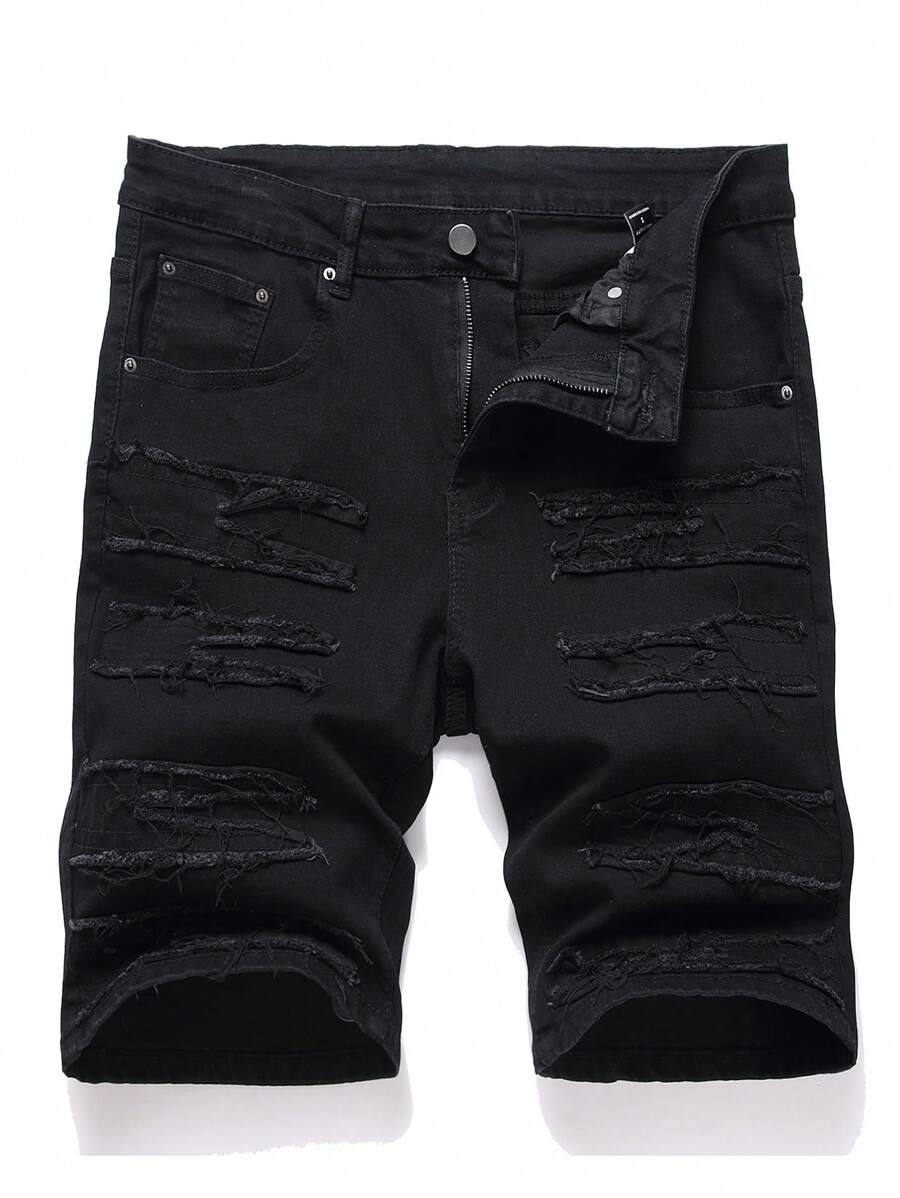 Manfinity EZcore Men's Front Button Pocket Distressed Casual Denim Skinny Shorts - Black - View 1