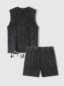ROMWE MEN Street Life Men Punk Cross & Lip Print Round Neck Tank Top And Shorts Set, Minimalist - Black - View 2