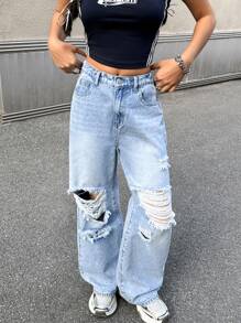 SHEIN Vintage Blue Denim Distressed Wide-Leg Jeans For Teen Girls,Kid Girls Spring And Summer Casual Vacation Country Boho Wear, Beach Outfits For Kid Girls,Western Street Wear For Teen Girl