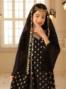 青少年女孩优雅派对金箔印花长裙配披肩 - 黑色 - 查看 5