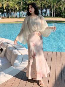 DAZY Đầm nữ màu trơn phối họa tiết, cổ tròn, tay dài, dáng ôm thanh lịch, đầm nữ thường ngày, đầm hoa cho nữ - Nhiều màu - Xem 2
