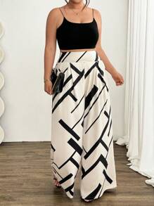 Elenzga Plus Size Women's Geometric Digital Print Loose Elegant Wide Leg Pants