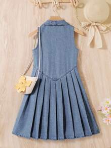 SHEIN Tween pentru fete de vară boho plajă spălată rochie din denim plisată cu nasture în față, rochie de vară pentru fete ținute