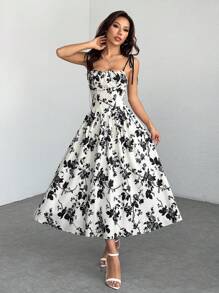 SHEIN PETITE Women's Apricot Bottom Black Silhouette Floral Print Suspender Black And White Dress