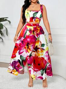 Breezaya 大码复古、优雅、浪漫、假日风格，彩色花卉印花短款上衣和高腰开叉长裙两件套，可分开搭配百搭日常服装，适合夏季、学校、毕业典礼、假期、节日、派对、约会、户外活动 - 彩色 - 查看 5