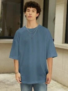 Manfinity Hypemode Loose Fit Men's Solid Color Round Neck Drop Shoulder T-Shirt - Dusty Blue - View 5