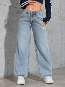 SHEIN PETITE Quần Jeans Jeans Denim Ống Thẳng Thoải Mái Thường Ngày Cho Nữ - Màu xanh lam - Xem 5