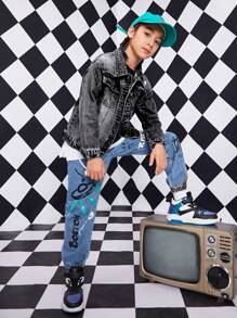 Tween Boy Front Button Long Sleeve Pocket Distressed Casual Denim Jacket - Black - View 4