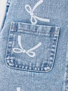 Denimly Vintage Cute Casual Urban Light Wash Bow Print Denim Pinafore Dress