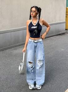 SHEIN Vintage Blue Denim Distressed Wide-Leg Jeans For Teen Girls,Kid Girls Spring And Summer Casual Vacation Country Boho Wear, Beach Outfits For Kid Girls,Western Street Wear For Teen Girl