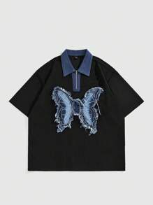 ROMWE MEN Prep 男式纯色撞色拼接前拉链短袖休闲 Polo 衫 - 黑色 - 查看 1