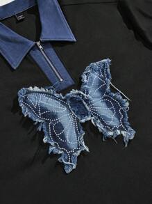 ROMWE MEN Prep 男式纯色撞色拼接前拉链短袖休闲 Polo 衫 - 黑色 - 查看 3