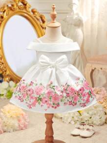 SHEIN Baby Girl Cute Floral Print Sleeveless Dress, Summer - White - View 6