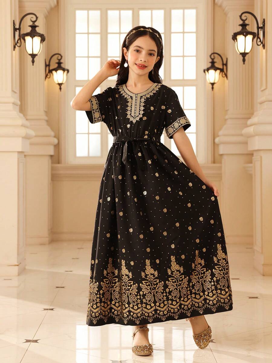 SHEIN Tween Girl Elegant Party Gold Foil Print Short Sleeve Dress - Black - View 1