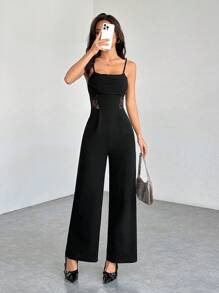 SHEIN PETITE 夏季垂坠领黑色连体裤、复古蕾丝镂空、阔腿连体裤、婚礼女士连体裤、秋冬连体裤、教师服装、老款连体裤、商务休闲连体裤、早午餐连体裤、外出连体裤、正式连体裤 - 黑色 - 查看 5