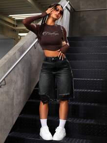 SHEIN ICON 女士休闲做旧洗水牛仔短裤 - 黑色 - 查看 5