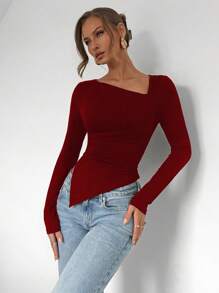 Almamuse 优雅纯色修身长袖不对称下摆 T 恤 - 酒紅色 - 查看 5