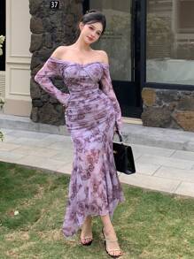 DAZY 网眼连衣裙全身花朵露肩扭纹女式中长连衣裙花卉、婚礼连衣裙、秋季连衣裙长袖连衣裙 - 紫色 - 查看 3