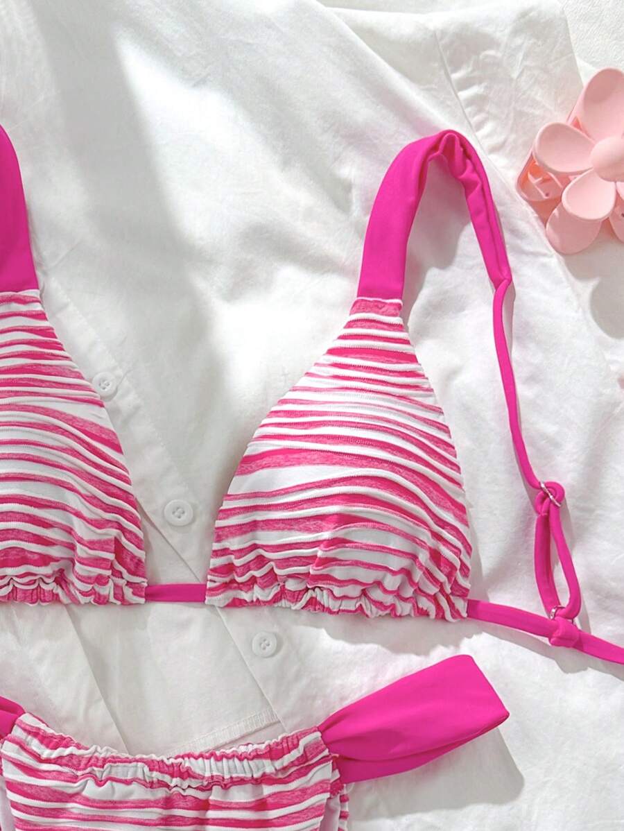 SHEIN Swim Summer Striped Top And Adjustable Waist Triangle Bottoms Pink Bikini Set, Bathing Suit - Multicolor - View 1