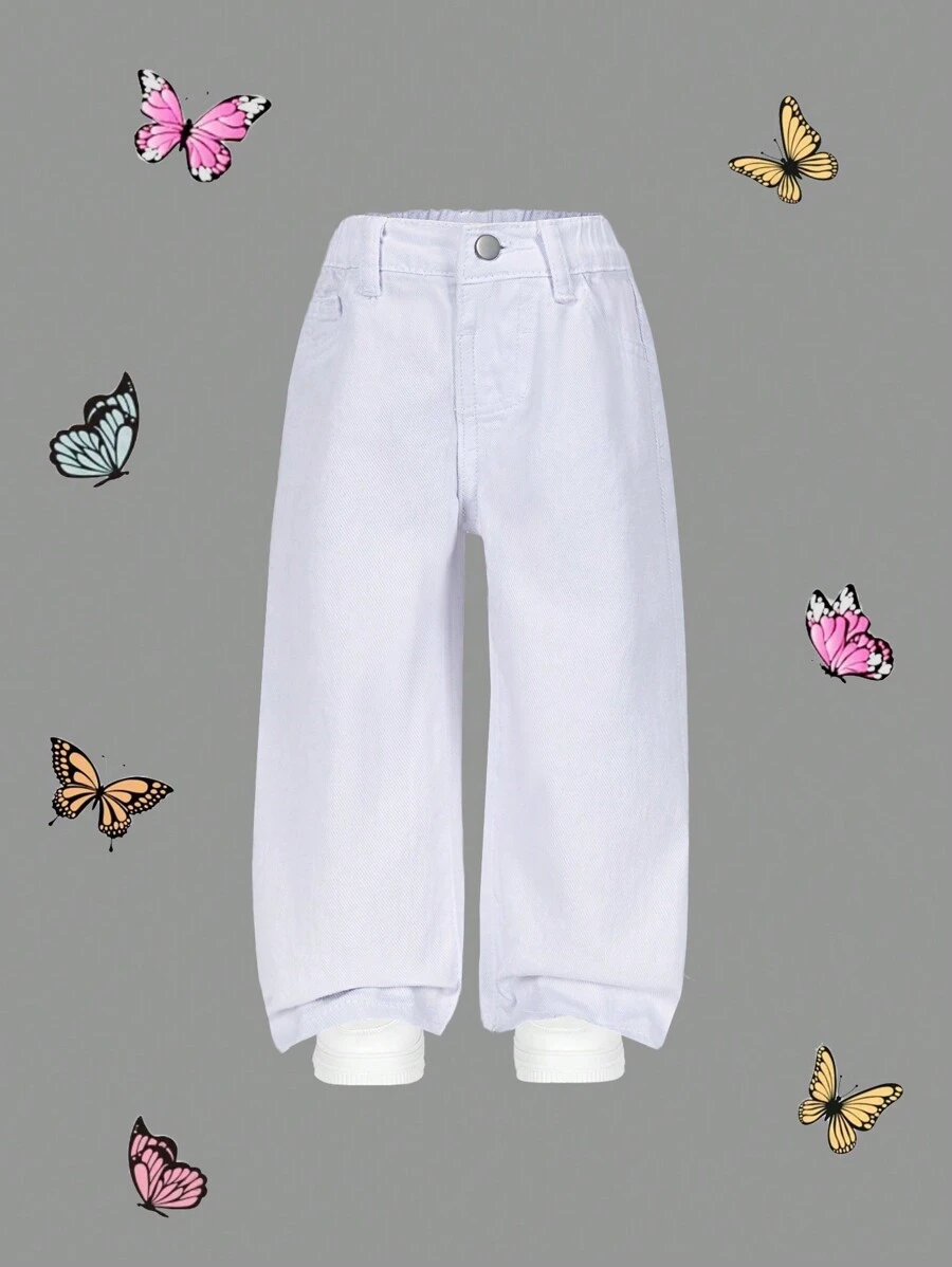 SHEIN Calça Jeans Casual Lavada Perna Larga Versátil para Bebês Meninas, Cor Café - Branco - Ver 1