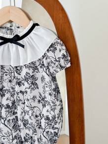 SHEIN LMoss Kids Bodysuit Bayi Perempuan Baru Lahir LMoss Motif Bunga Lucu dengan Hiasan Rumbai, Musim Panas - Putih - View 5