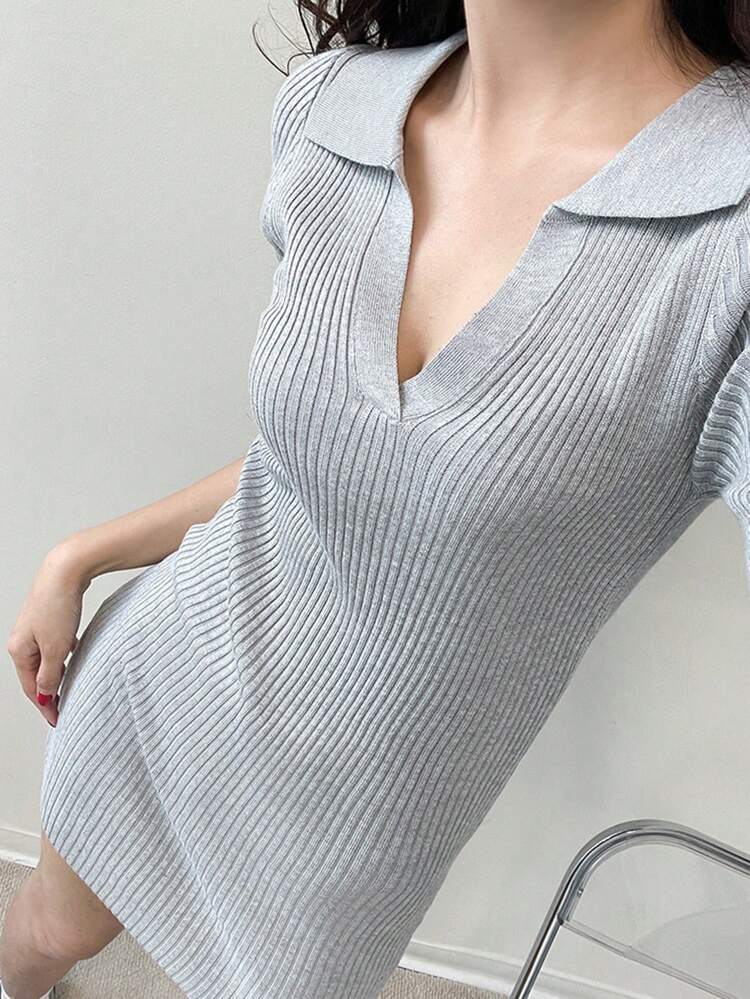 Women Solid Color Ribbed Collar Wrap Mini Sweater Dress, Grey Color Suitable For Spring And Summer