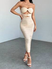 SHEIN PETITE Váy ống thiết kế xoắn khoét rỗng không tay màu trơn - Màu be - Xem 7