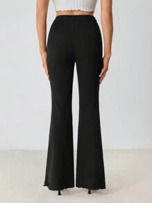 SHEIN Tall 女士纯色前扣喇叭休闲裤，适合日常穿着 - 黑色 - 查看 2