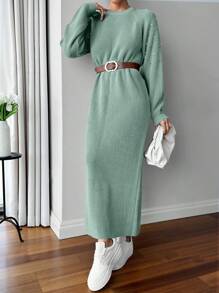 SHEIN Cottnline Round Neck Raglan Sleeve Maxi Sweater Dress With Beading - Mint Green - View 3