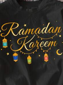 SHEIN Young Boys' Casual Minimalist Ramadan Pattern Round Neck T-Shirt, Suitable For Summer - Black - View 4