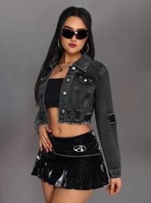 SHEIN ICON Women's Front Button Long Sleeve Pocket Simple Cropped Denim Jacket - Black - View 3