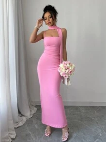 Chiquease Conjunto de 2 piezas: Vestido elegante de unicolor, de corte ajustado y con tirantes largos, con bufanda para el cuello, para mujer