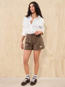 Easelle Summer Loose And Casual Brown Drawstring Waist Patched Detail Sports Shorts
