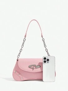 SHEIN ICON Ladies, Women Shoulder Bag, Hobo Bag, Fashionable, Personalized, Simple, Versatile, Street, Sweet And Cool Girls, Hot Girls, Y2k, Retro, Pink, Vintage, Metal Chain, Valentine's Day, Valentines - Pink - View 5