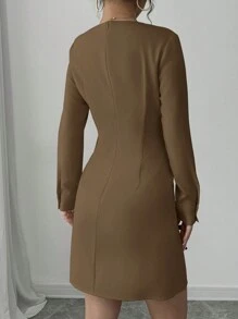 Chiquease Bowknot Slit Casual Everyday Long Sleeve Brown Dress, Minimalist And Fashionable - Coffee Brown - View 2