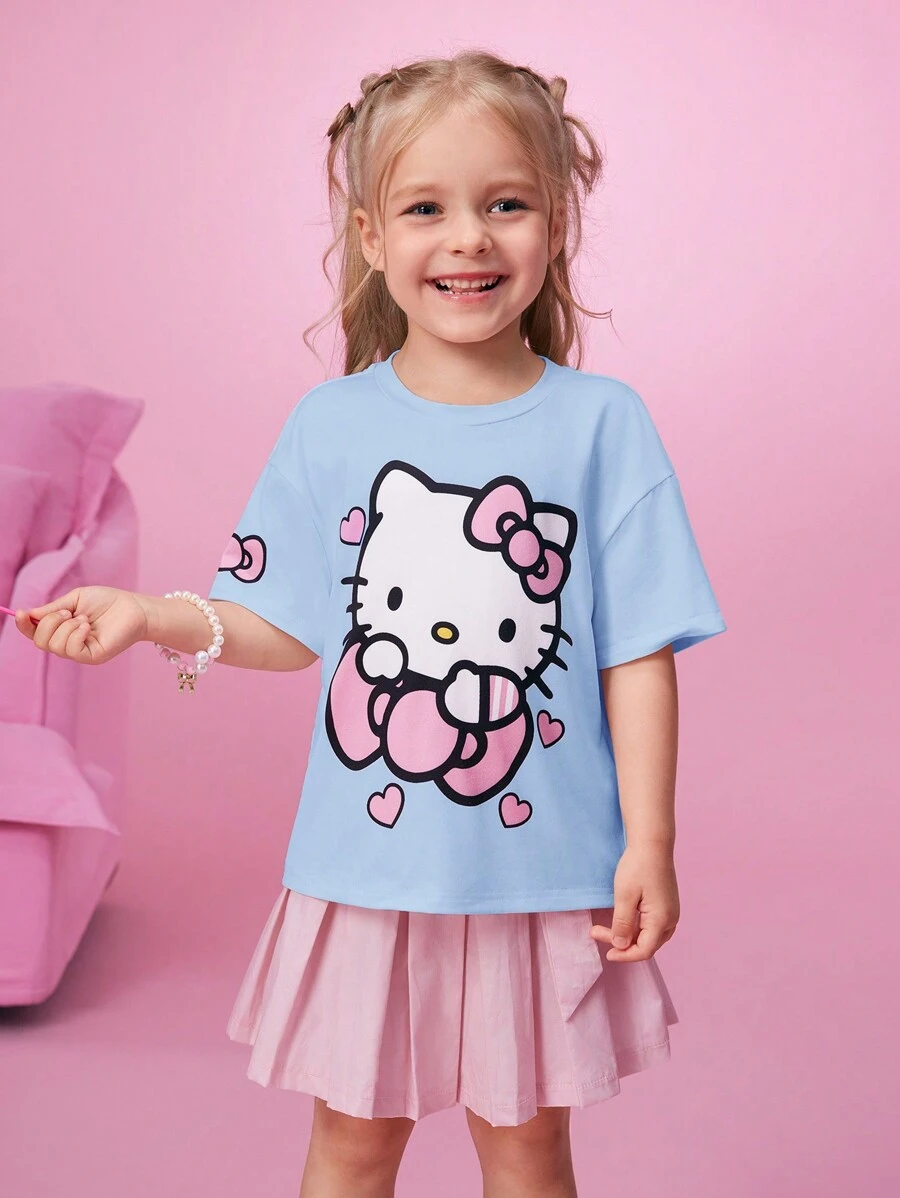 HELLO KITTY AND FRIENDS | SHEIN T-shirt court décontracté et polyvalent avec imprimé nœud papillon et chat pour jeune fille, en bleu - Bleu azur - Voir 1