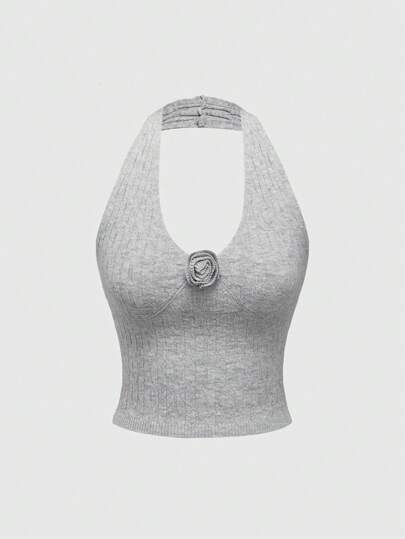 Kawaii Top tricoté à encolure ras-du-cou avec décoration florale 3D de couleur unie pour femme